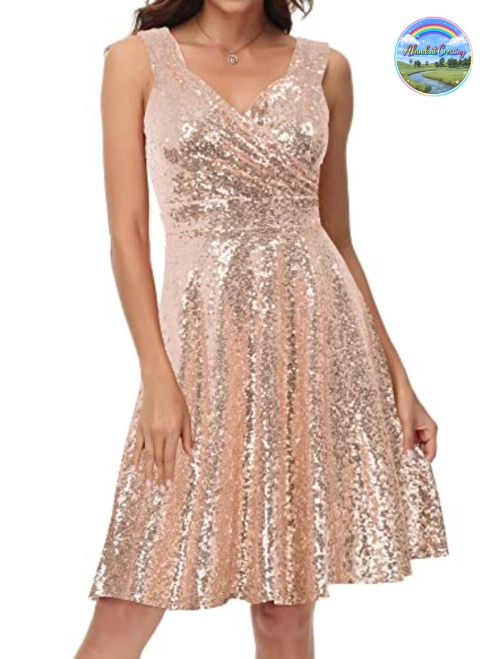 Sparkly Sequin A-Line Midi Dress Sleeveless V-Neck Party Cocktail